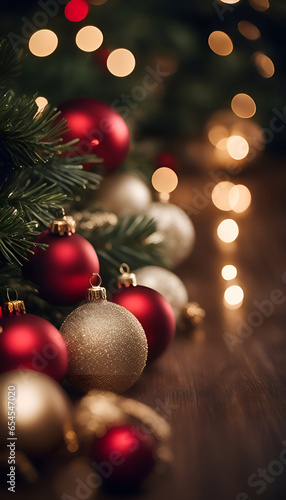 Christmas tree with red and gold baubles on a wooden background