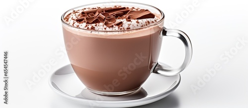 Hot chocolate drink in glass mug on white background with clipping path