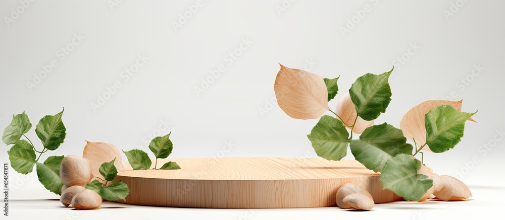 an empty podium with leaves on white background for showcasing cosmetics an empty podium with leaves on white background for showcasing cosmetics