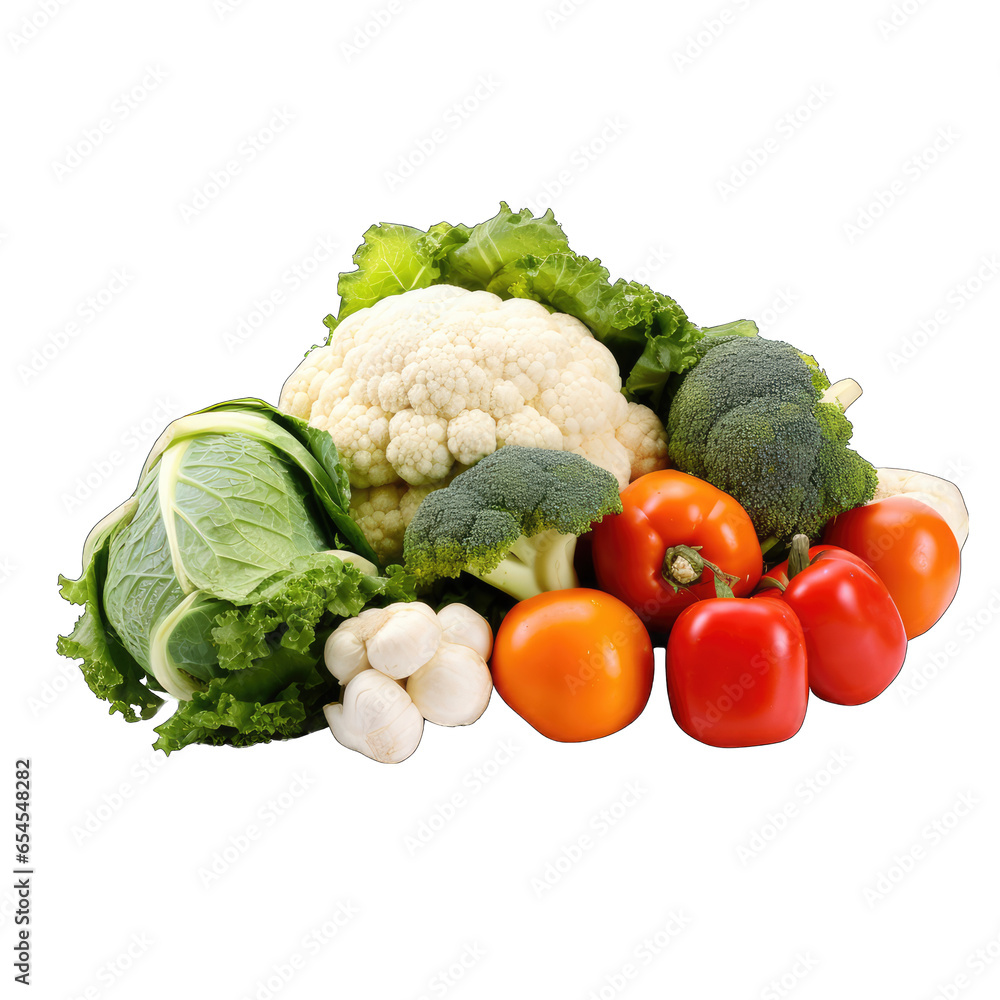 A colorful pile of fresh vegetables including broccoli, cauliflower, and tomatoes A colorful pile of fresh vegetables including broccoli, cauliflower, and tomatoes