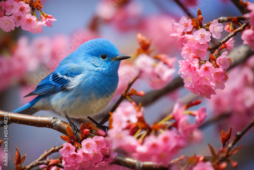 A small, round-bodied bird with bright blue feathers, perched on a thin branch of a tree that’s blooming with clusters of small, pink flowers
