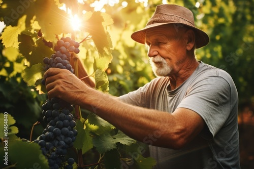 Senior worker picking ripe grapes in home vineyard. Generative Ai