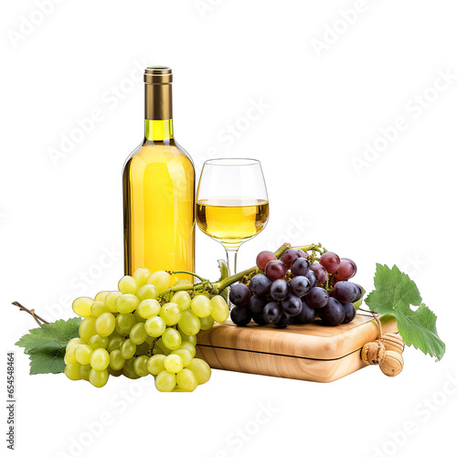 A wine bottle, glass, and grapes