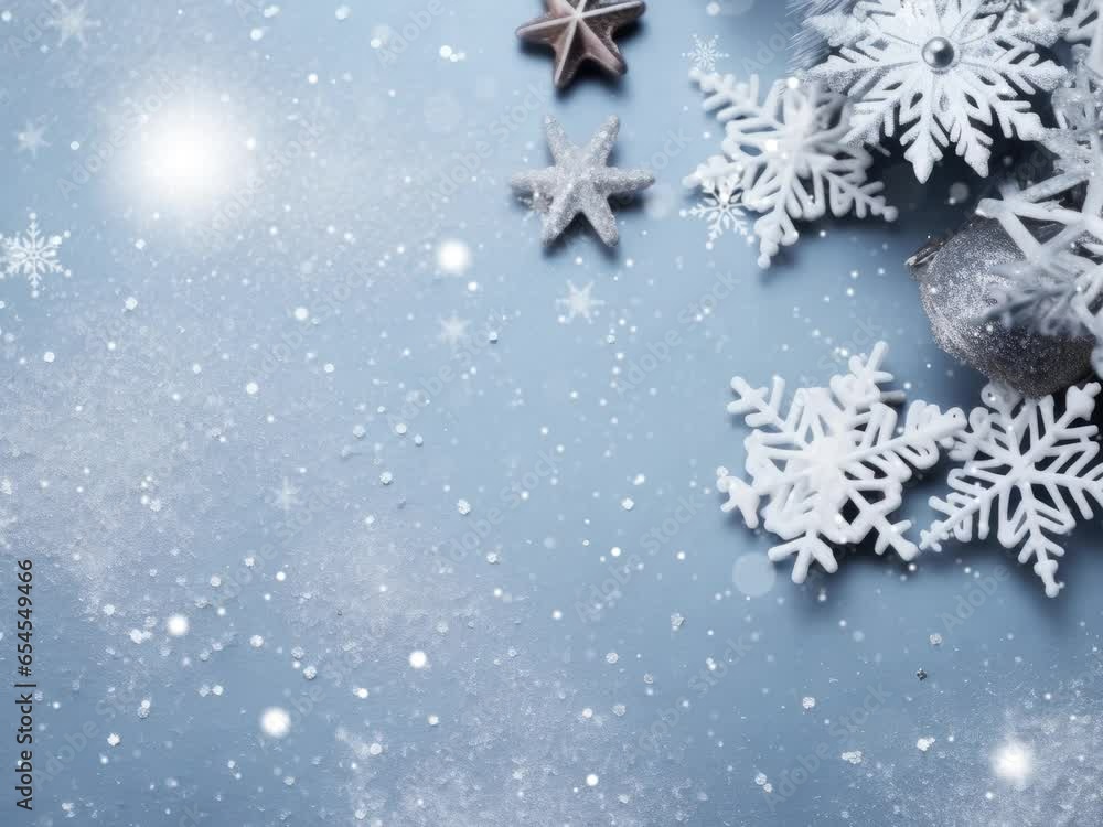 Christmas background copy space. New Year's decorations on a blue background with snowflakes, top view. Background for business and advertising. Christmas background copy space. New Year's decorations on a blue background with snowflakes, top view. Background for business and advertising.