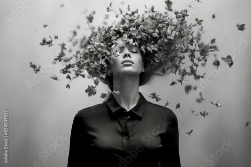 portrait noir et blanc, d'une jeune femme glamour et élégante avec un chapeau de fleurs blanches. photo