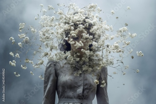 portrait d'une jeune femme anonyme au visage masqué par des fleurs blanches.  photo