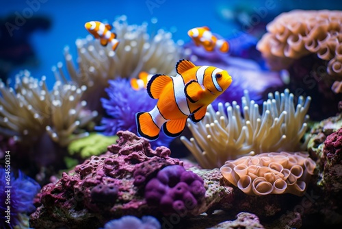 Fotografia clownfish and blue malawi cichlids swimming near coral