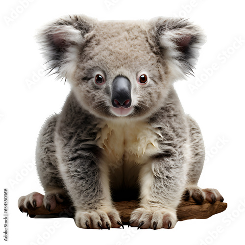 close up of a koala sitting on a branch isolated on transparent background ,cute koala ,generative ai