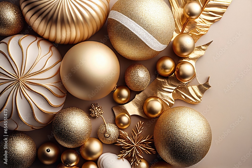 Fototapeta premium Christmas background with golden and white baubles. Flat lay. Generative AI