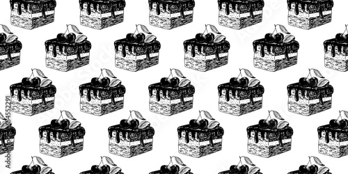 Seamless pattern with black forest cake with glaze. Background with black and white cherry chocolate cake. Engraving style brownie. Schwarzwald cake. Hand drawn bakery. Sketch style 