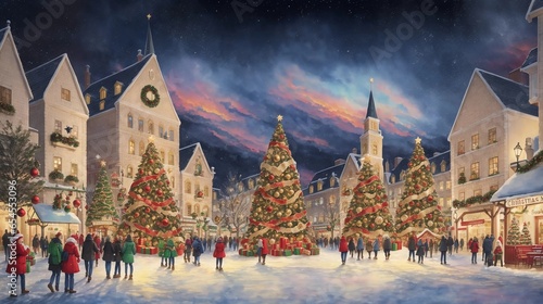 Watercolor rendering of a Christmas tree, adorned with decorations, illuminating the town square with festive radiance