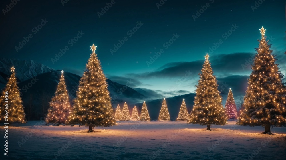 Christmas tree lights twinkle outside, casting a magical glow against the backdrop of the serene and wintry night