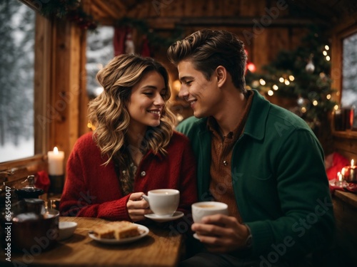 A closeup captures a couple enjoying coffee and unwinding in a cozy cabin on a peaceful Christmas morning.