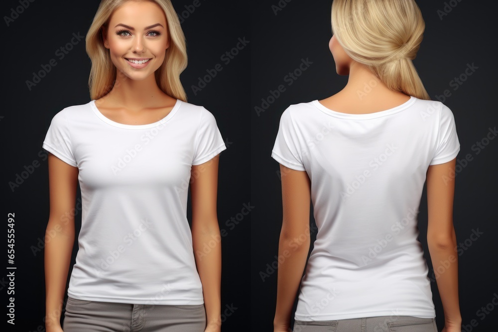 Mockup for design. Smiling blonde young woman in a white T-shirt on a clean black background. Front and back views. Copy space. Close-up. Advertising clothing for a store. Booklet, poster. Mockup for design. Smiling blonde young woman in a white T-shirt on a clean black background. Front and back views. Copy space. Close-up. Advertising clothing for a store. Booklet, poster.