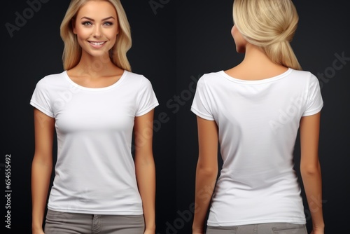 Mockup for design. Smiling blonde young woman in a white T-shirt on a clean black background. Front and back views. Copy space. Close-up. Advertising clothing for a store. Booklet, poster.