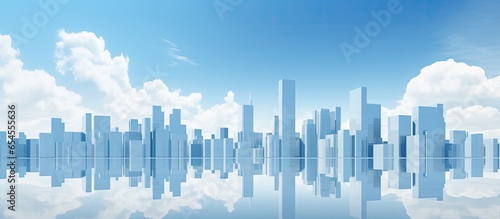Abstract cityscape background with mirrored skyscrapers under a blue sky and white clouds in rendering