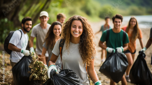 group of people volunteers collect and clean garbage from nature © Miljan Živković