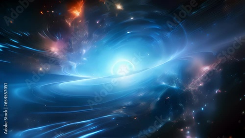 A distant quasar radiates cosmic energy, emanating powerful beams of accelerated particles that traverse the cosmos, leaving a mesmerizing imprint on the fabric of spacetime itself. Abstract video