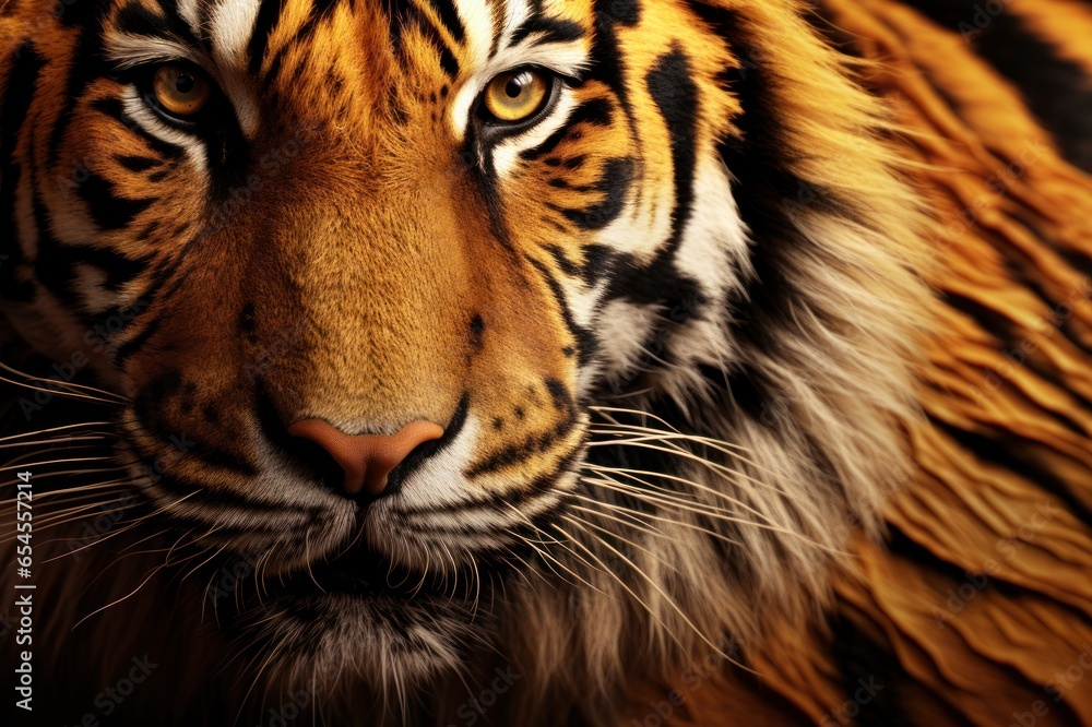 Fototapeta premium Tiger head close up. The tiger looks at the camera. Gaze. Macro. Predatory tiger face. A beautiful, noble, stately wild beast. Dangerous big cat. Beautiful background
