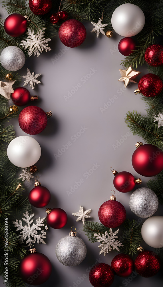 Christmas background with fir branches. red and silver baubles and snowflakes