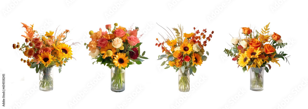 set of flower bouquet on white background PNG. flowers in a glass cup. - obrazy, fototapety, plakaty 