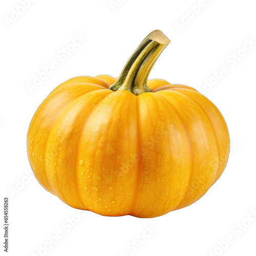 A bright yellow pumpkin against a clean white backdrop