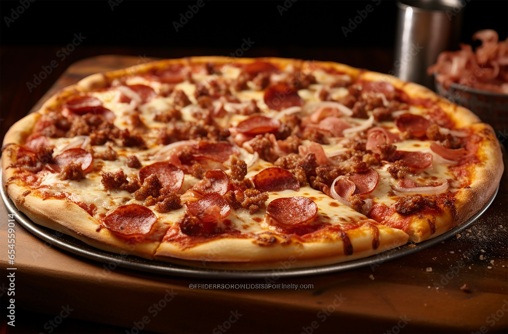 Meat lovers pizza made of tomato sauce, mozzarella cheese, a combination of various meats such as pepperoni, sausage, bacon, and beef