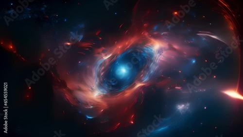 Deep within the fabric of the universe, a quasar pulses with intense energy, flaring and radiating in mesmerizing patterns that paint the cosmic canvas in breathtaking splendor. Abstract video photo