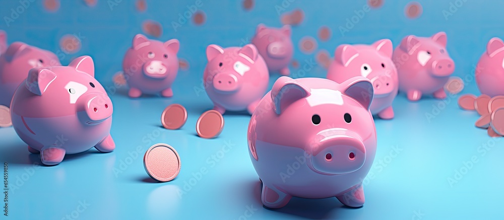 random piggy banks on blue background representing personal savings and financial investment random piggy banks on blue background representing personal savings and financial investment