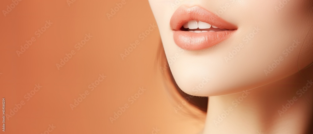 Fototapeta premium female face with focus on lips, opened mouth shows white teeth, copy space