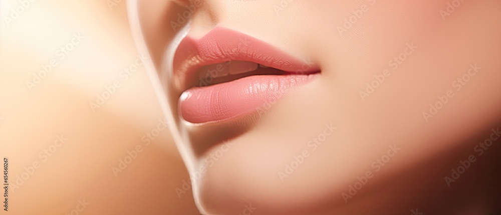 Obraz premium close up of female lips with pink lipstick, opened mouth shows white teeth