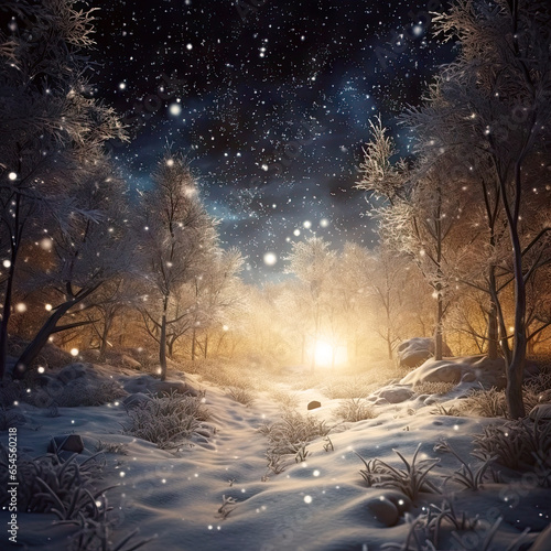 Christmas winter landscape at night with fir trees, stars, snow and lights. New Year seasonal background. © Roxana