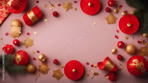 Chinese New Year background. Red paper lanterns. gold ornaments and fir branches on a pink background. Festive decoration.