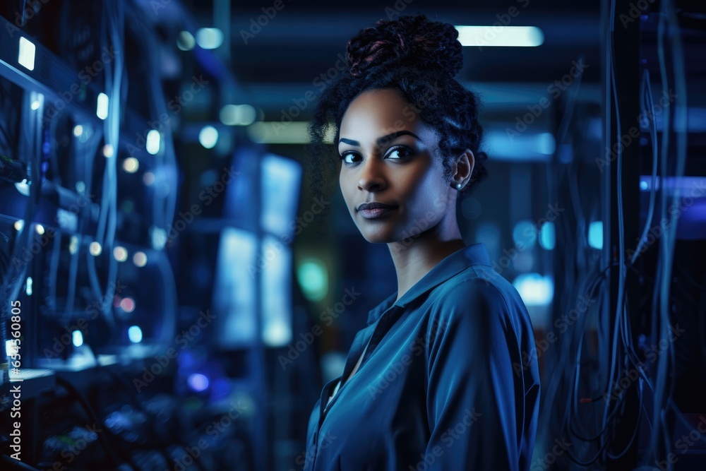 Attractive woman working in server room. Attractive woman working in server room.
