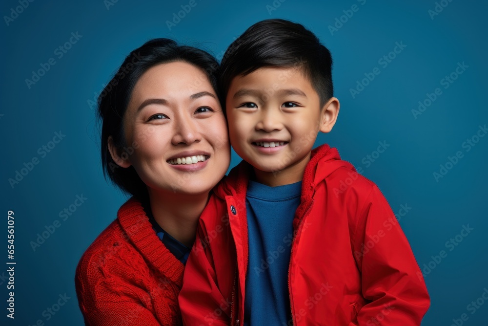 Smiling Asian boy dressed in a vibrant red shirt, standing next to his mother Smiling Asian boy dressed in a vibrant red shirt, standing next to his mother