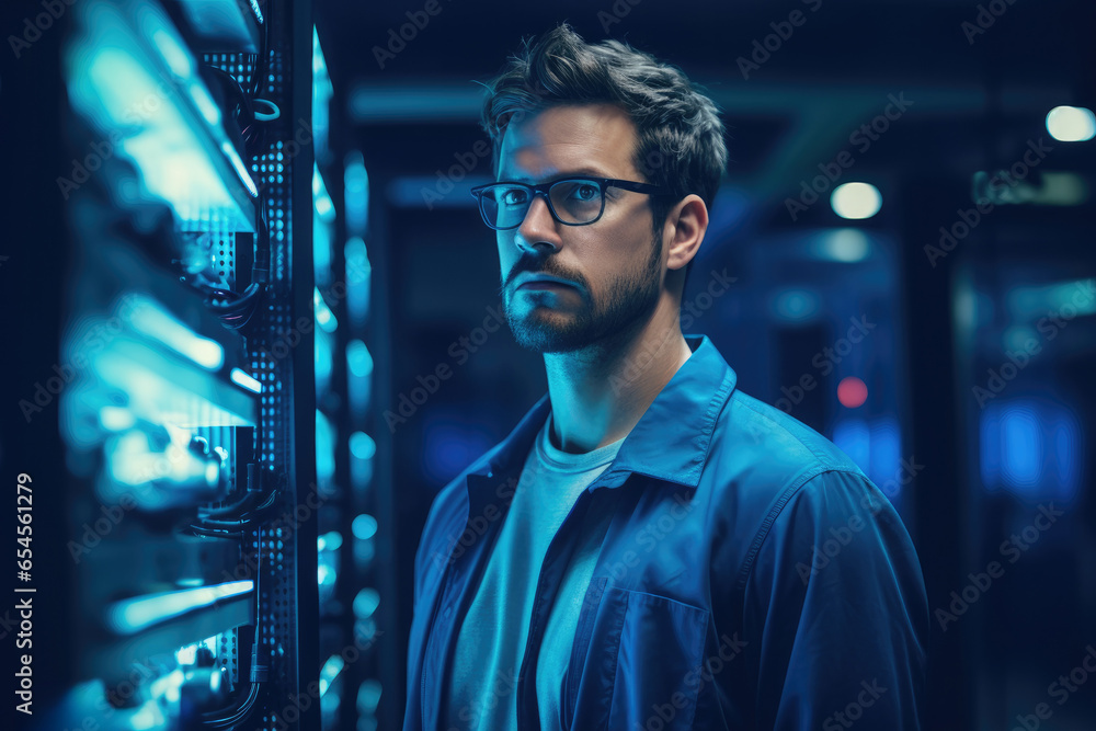 Portrait of man while running servers in a data center Portrait of man while running servers in a data center