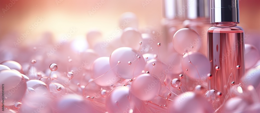 Cosmetic collagen bubbles rendered in on a defocused background representing moisturizing essentials and the concept of vitamin infused serum for personal care and beauty - obrazy, fototapety, plakaty 