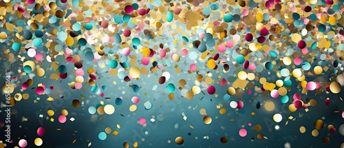Party banner, confetti trickles down from above, abstract background, colourful celebration design