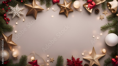Christmas and New Year decoration on gray background. Top view with copy space