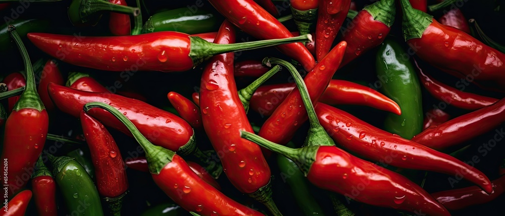 Chili pods, red and green peppers, hot pepperoni background