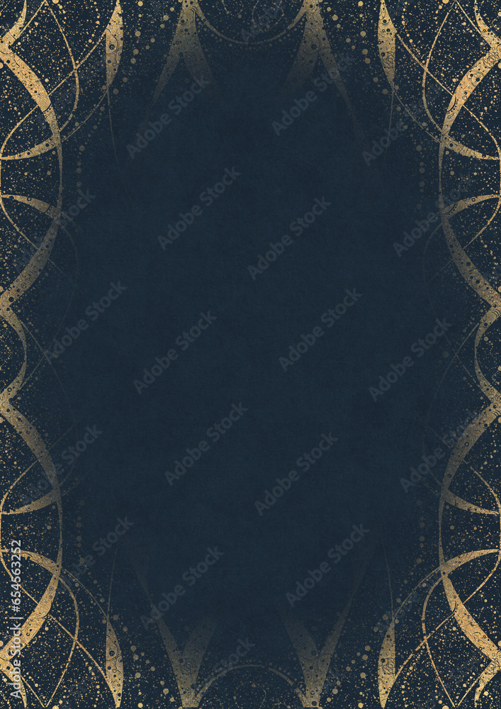 Deep blue textured paper with vignette of golden hand-drawn pattern with golden glittery splatter. Copy space. Digital artwork, A4. (pattern: p10-4d) Deep blue textured paper with vignette of golden hand-drawn pattern with golden glittery splatter. Copy space. Digital artwork, A4. (pattern: p10-4d)