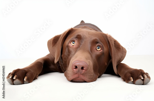 Cute chocolate dog puppy isolated on white background