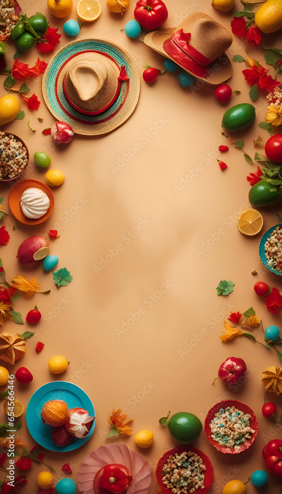 top view of colorful candiesalade and hat on beige background