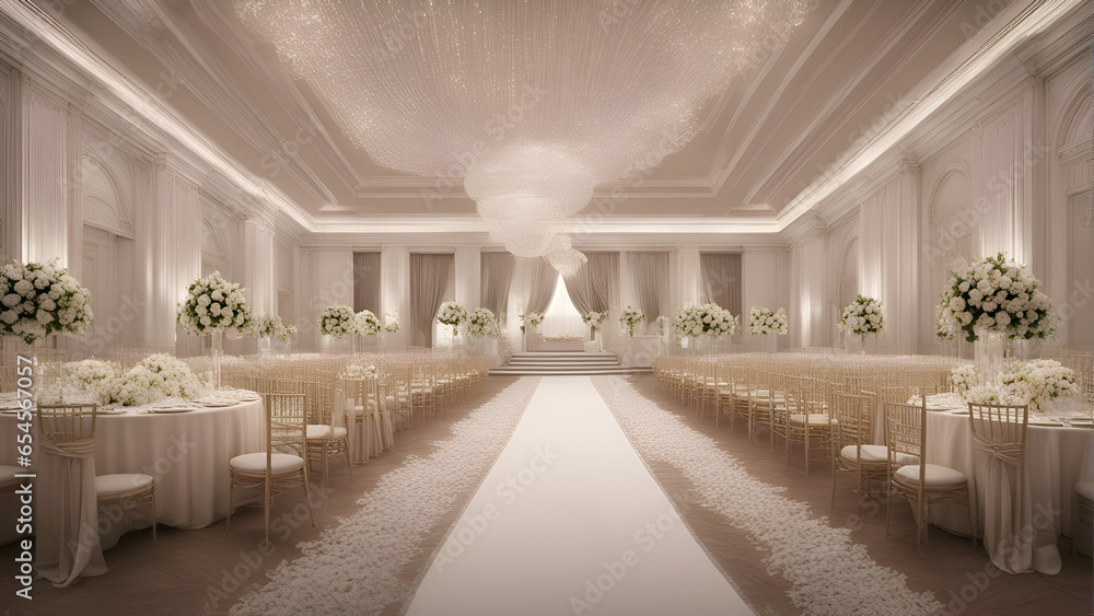 Wedding banquet hall with white chairs and candles. 3D rendering