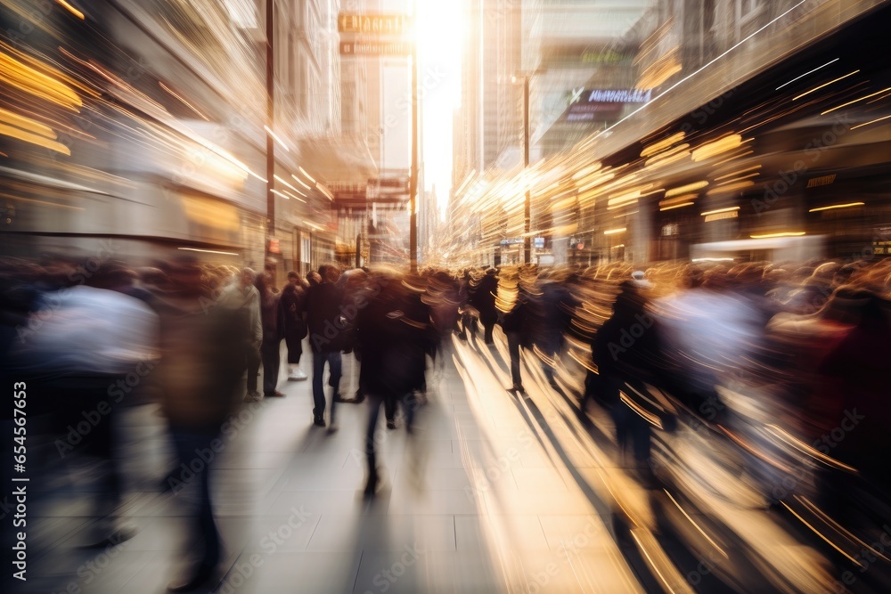 Motion blurred crowd walking in the city, AI Generated