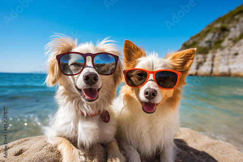 two dogs with sunglasses taking selfie on a sandy beach. High quality photo © Starmarpro