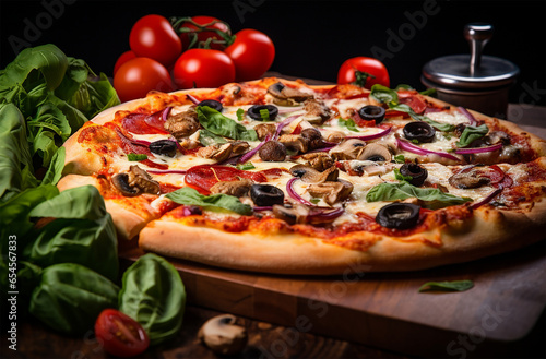 Vegetarian pizza made of tomato sauce, mozzarella cheese, and a variety of vegetables like bell peppers, onions, mushrooms, olives, and spinach