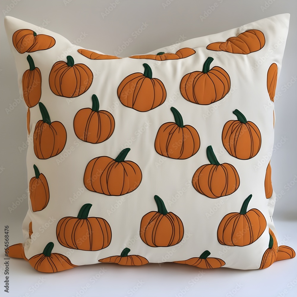 a white isolated pillow with a design of several pumpkins