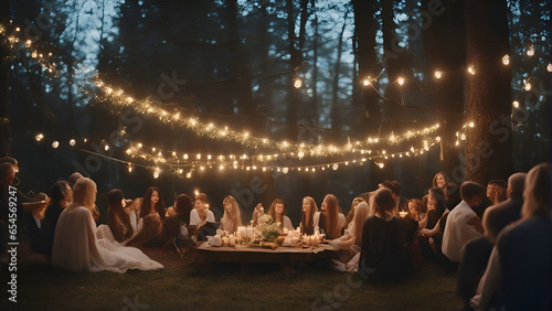 Wedding Banquet in the forest. The bride and groom are sitting at the table and drinking wine. photo