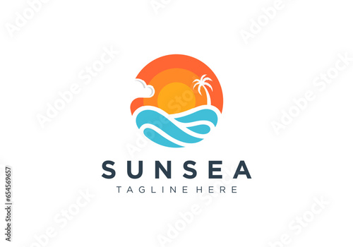 Beach or coast logo in simple sun and ocean shape
